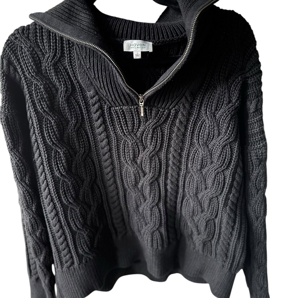 Haven Well Within black 1/4 zip cable knitted pullover sweater large heavy